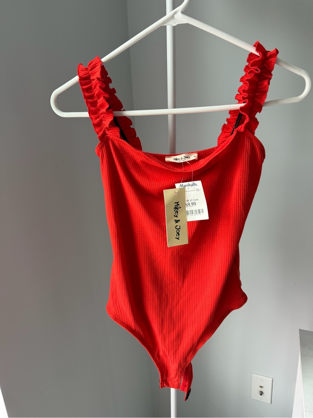 Coral Ruffled Strap Ribbed Bodysuit size Medium